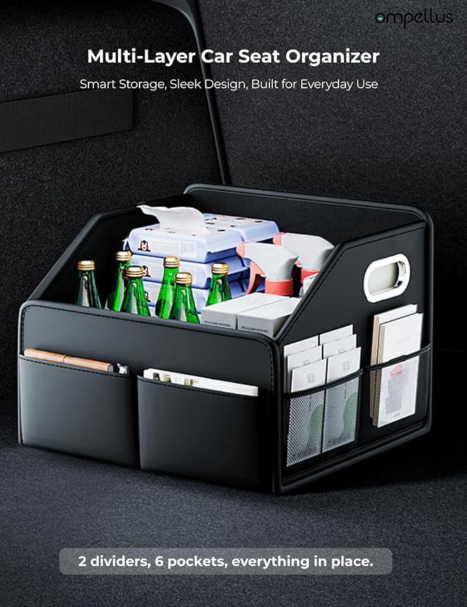 Car Seat Organizer, Collapsible, Black | Multi-Layer Storage, Metal Handles, Upgraded Anti-slip Rear Strap,Premium PU leather,Foldable & Versatile