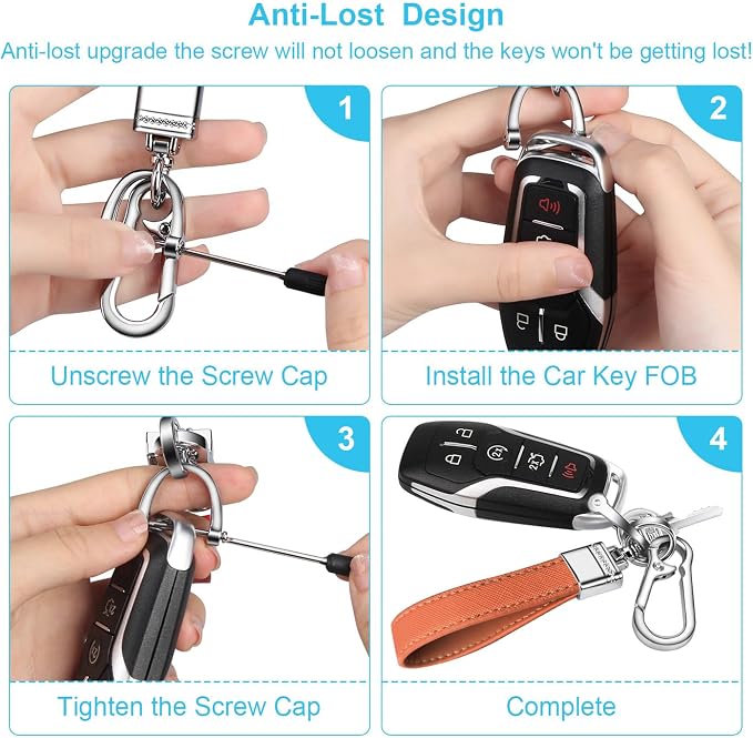 Genuine Leather Car Keychain,Universal Heavy Duty Metal Key Chain Accessories,Car Fob Key Keychain Holder with 360 Degree Rotatable Snap Swivel and Anti-Lost D-Ring for Men Women(Orange)