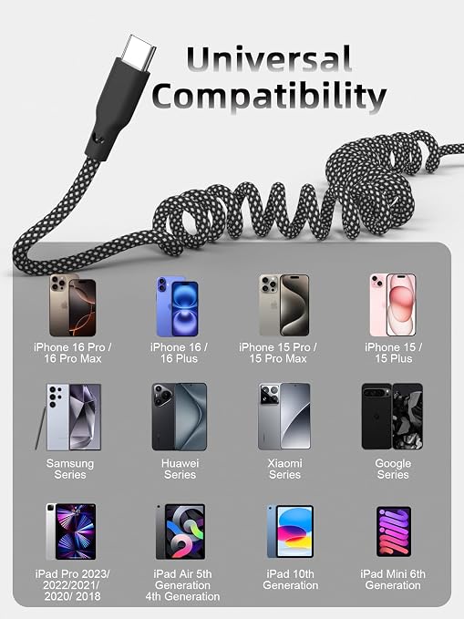 Car Carplay Cable 2Pack Coiled USB A to USB C Fast Charge Cord for iPhone 17/16/15/Plus/Pro Max/MacBook Pro, Auto Retractable iPhone Car Cord Grey