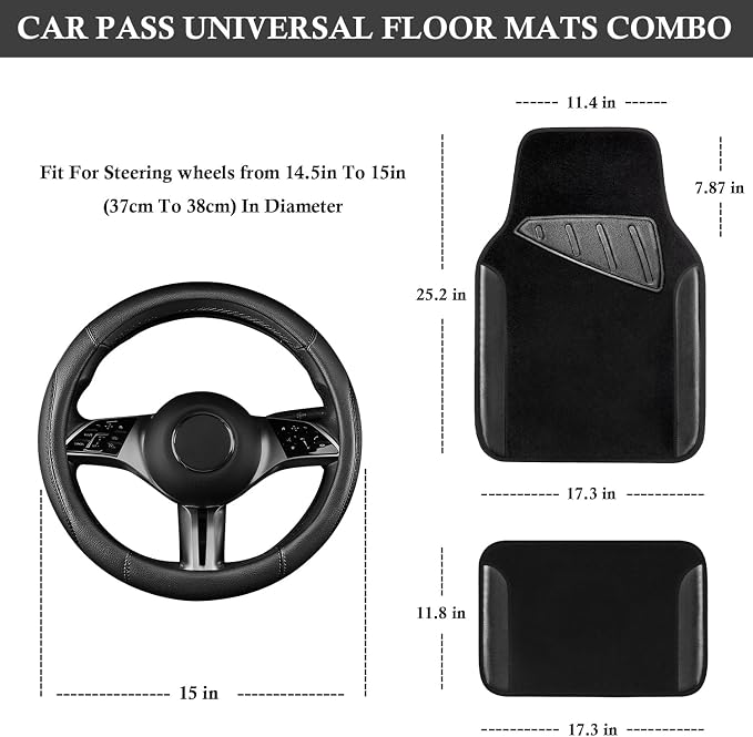 Microfiber Leather Steering Wheel Cover and Waterproof Car Floor Mats,Universal Car Combo Fit for 95% Sedan,SUV,Cars,14.5-15inch Anti-Slip Safety Comfortable Faux Leather Design(Solid Black)