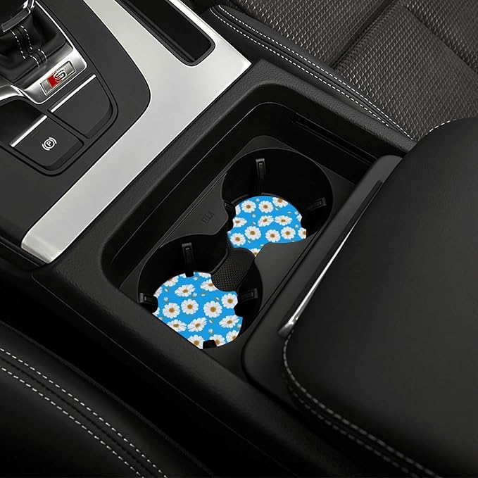 Daisy Steering Wheel Cover Daisy Blue Steering Wheel Cover Anti-Slip Breathable 15 Inch Universal 2 Pcs Car Interior Cup Holder Pad for Men Women