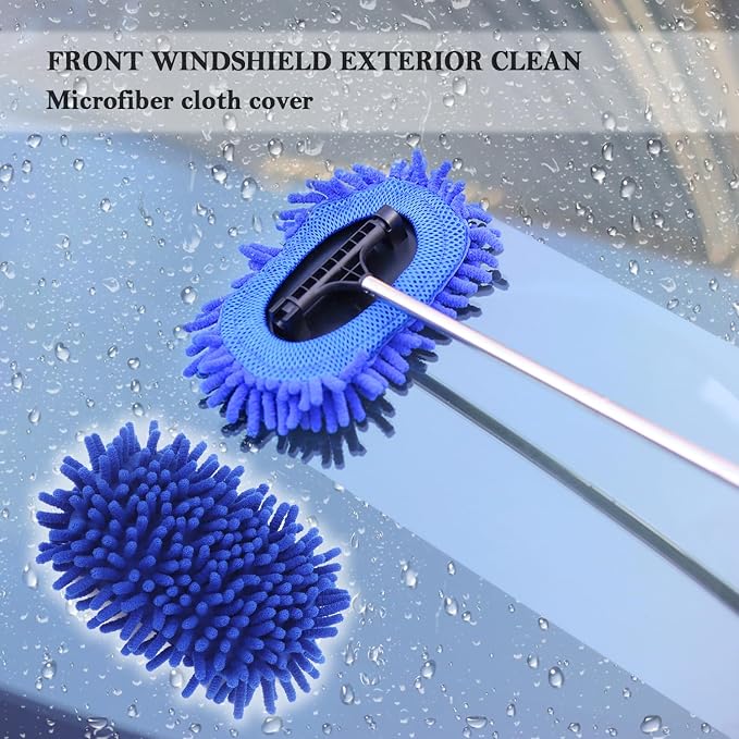 Car Windshield Cleaner Tool,3 in 1 Car Window Cleaner Tool Kit with Retractable Handle & 2 Re-Usable Microfiber Pads,180° Swivel Cars Cleaning Tools for Auto Outside/Inside