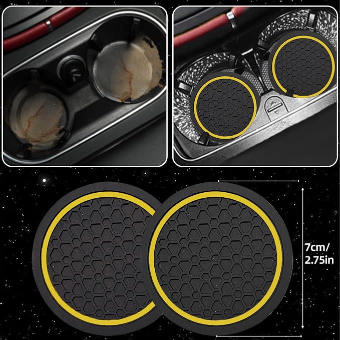 6 Pcs Yellow Car Accessories Set, Sport Leather Steering Wheel Cover 14.5-15inch Universal, Microfiber Leather Car Center Console Cover, Seat Belt Cushion, Cup Holder Coaster (Black-Yellow)