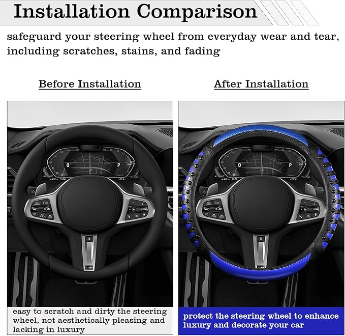 Car Leather Steering Wheel Cover - Carbon Fibre Material, Universal 14.5-15 Inch Leather Anti-Slip Breathable Auto Steering Wheel Covers for Men Women (3D Massage - Sports Blue)
