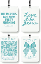 Cyan Christian Car Air Freshener 4 Pcs, Girly Pink Bow Floral Religious Hanging Air Freshener for Cars Closet Drawer Books, Cute Preppy Christian Car Accessories Mirror Decor for Women