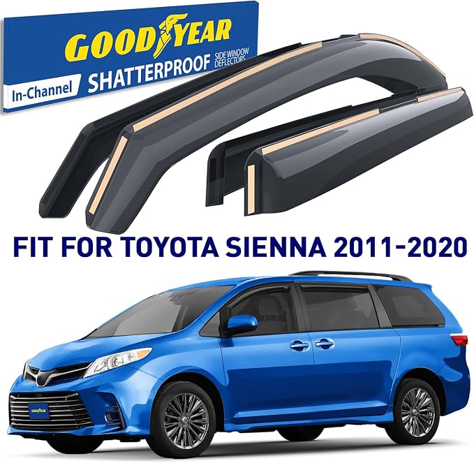 Goodyear Shatterproof in-Channel Window Deflectors for Toyota Sienna 2011-2020, Rain Guards, Window Visors for Cars, Vent Deflector, Car Accessories, 4 pcs - GY007926