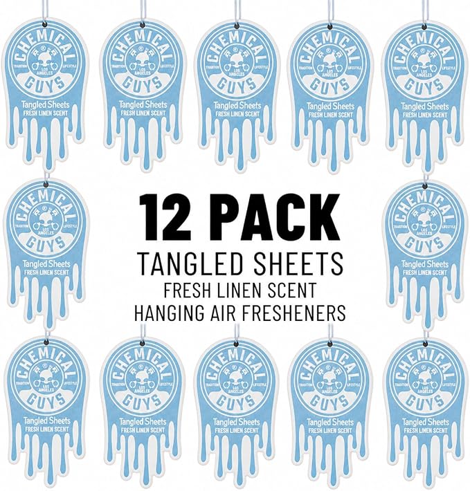 Hanging Car Air Freshener 12-Pack, Tangled Sheets Premium Clean Linen & Soft Cotton Fragrance, Rearview Mirror Paper Fresheners for Cars, Trucks, SUVs, RVs & Boats
