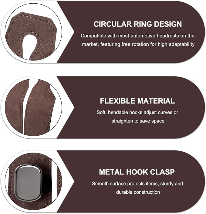 2 PCS Car Purse Hook, Multi Functional Vehicle Seat Back Storage Hooks Interior Accessories, Creative Metal Headrest Hanger Auto Seat Organization for Purses Phones Bags (Brown)