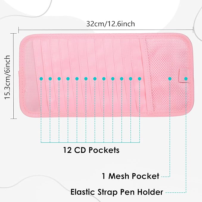 Trinkrittey CD Holder for Car Visor, Vehicle Sun Visor Organizer Large Capacity with 12 DVD Storage Sleeves 1 Mesh Pocket 1 Pen Holder and Elastic Strap