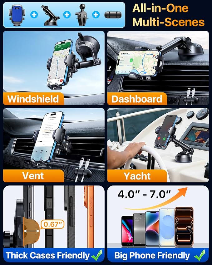 [True Upgrade for Safety] YRU Car Phone Holder Mount [Patent & Military-Grade]Dashboard Cell Phone Holder for Car Vent Windshield Phone Stand for iPhone 17 16 15 14 13 Pro Max Truck Samsung, Dark Blue