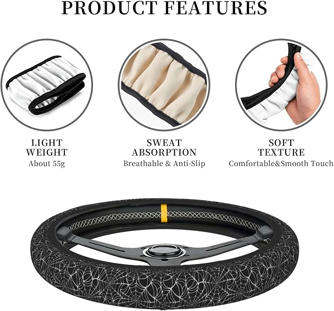 Spider Web Steering Wheel Cover Car Steering Wheel Protector | Black White Elastic Anti-Slip Breathable Car Accessories Interior for Women Men Universal 15 Inch Fit Auto SUVs Vans Truck
