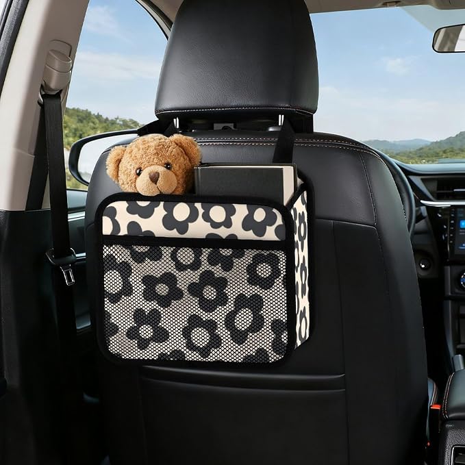 Car Backseat Organizer - Cute Aesthetic Car Storage Bin with Mesh Pocket & Reinforced Base - Universal Fit Hanging Seat Back Accessories for Women (Black)
