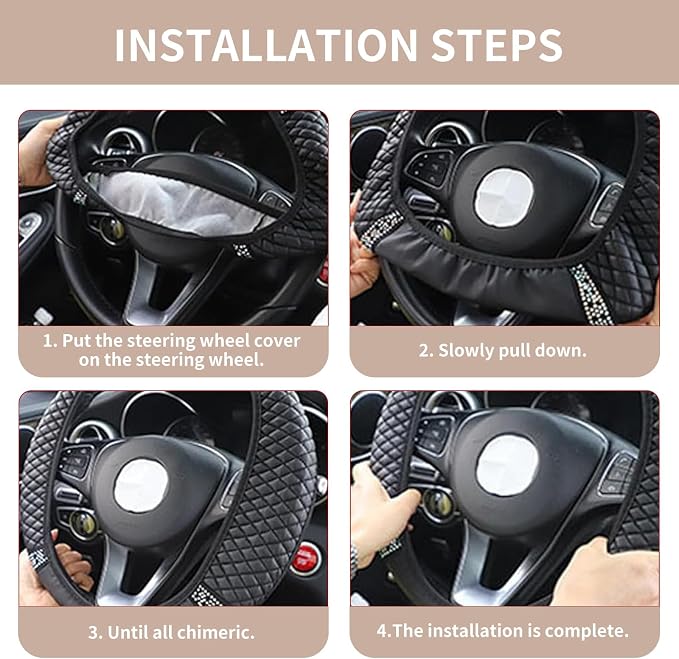 Bling Car Steering Wheel Cover, 15 Inch Rhinestones Soft Leather Elastic Steering Wheel Protector, Sparkly Crystal Diamond for Women, Car Interior Accessories for Most Cars (Beige)
