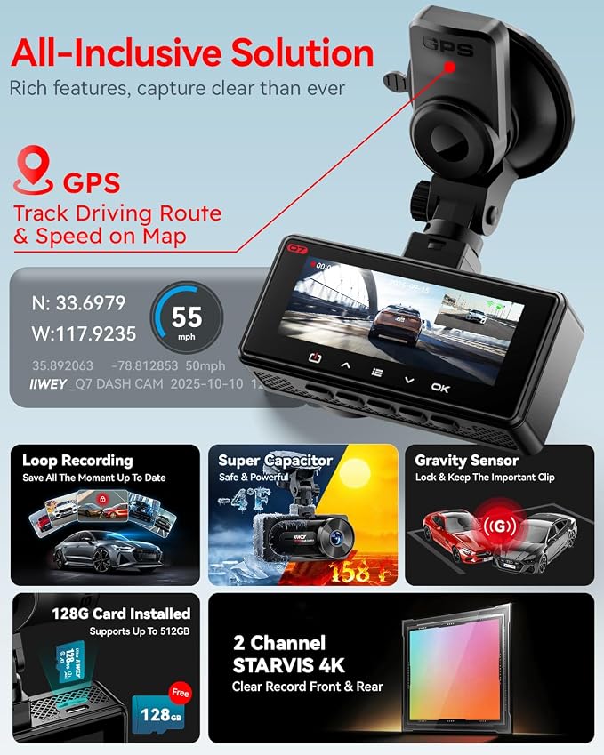 4K+4K Dash Cam Front and Rear, Dual STARVIS Sensor, 5G WiFi-6 (up to 20MB/s) with App, 128G SD Card Included, GPS, Dash Camera for Cars with 24/7 Parking Mode, 3.18 Inch IPS, 170° Wide Angle