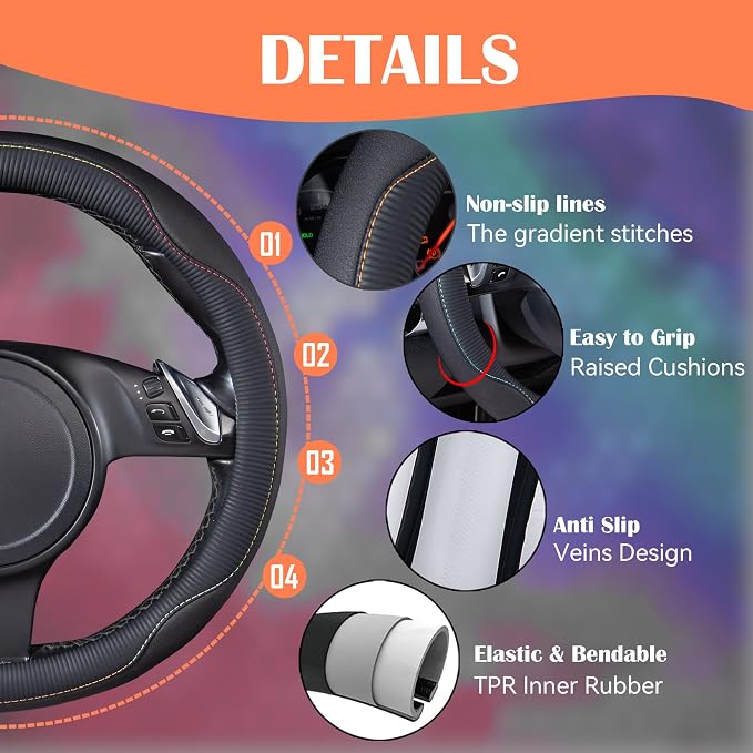 Colour Piping Leather Universal Fit Steering Wheel Cover,Perfectly fit for 14.5-15 inches for Various Vehicles Suvs,Vans,Trucks,Sedans,Cars(Black Multicolor)