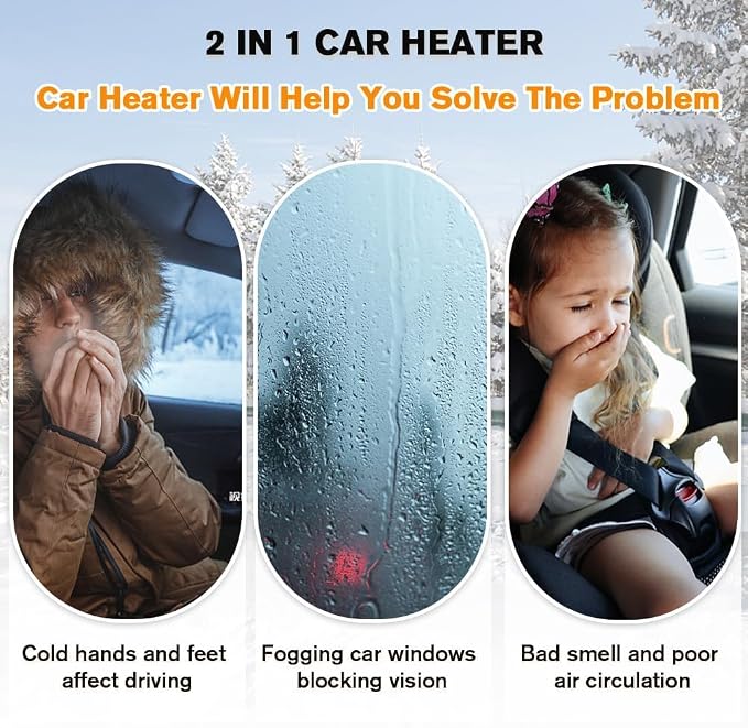 Car Heater, 2-in-1 Car Defroster with 360° Rotation for Instant Windshield Defogging Demisting, Fast Heating & Cooling Fan for All 12V Vehicles, Trucks, RV