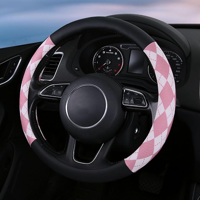 Lattice Car Steering Wheel Cover Microfiber Leather Non-Slip Comfort Universal 15 inch Checkered Plaid Wheel Protector for Truck, SUV, Cars (Pink)