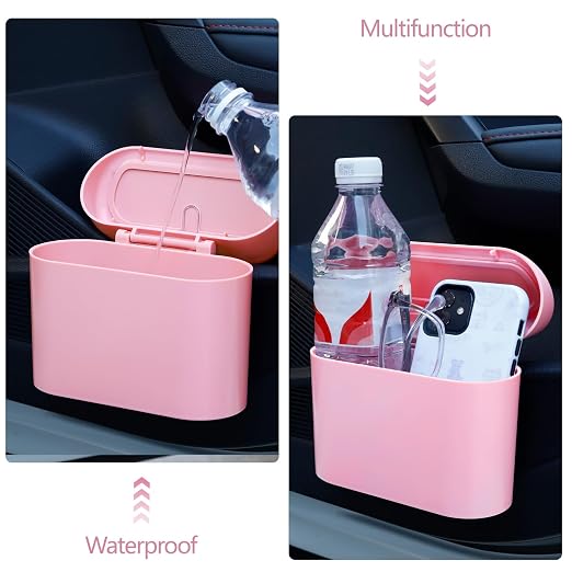 Pink Car Trash Can with Lid, Mini Auto Garbage Can with 30 Trash Bags, Leakproof Automotive Garbage Container Bin, Multipurpose Organizers and Storage for Car, Home, Office (Pink)