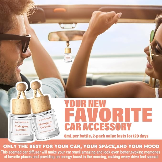 Car Air Freshener Diffuser 2 Pack Hanging Mahogany Coconut Car Air Freshener for Women 45+ Days Long Lasting Fragrance Made in USA (M32)