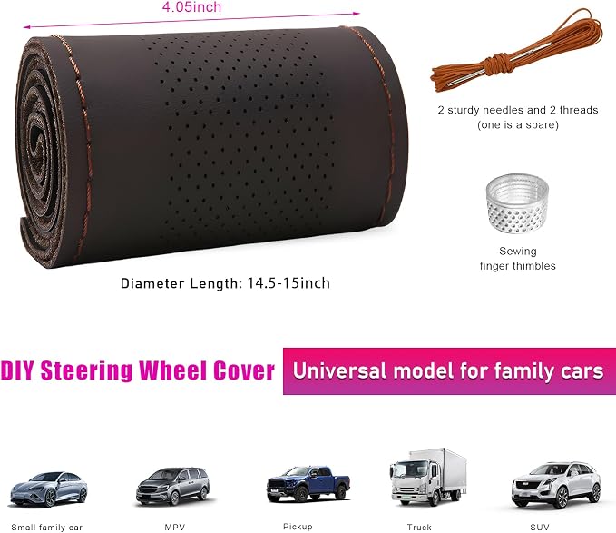 Genuine Leather Steering Wheel Cover, Stitch on Wrap, Breathable Anti-Slip Car Steering Wheel Protector for Max Diameter 15 Inch, DIY Sewing with Needles Thread (Coffee, Middle Hole)