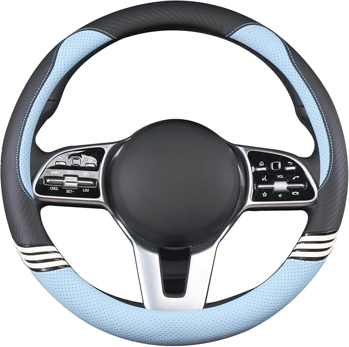 14 inch Cute Steering Wheel Cover for Women Men Faux Leather and Carbon Fiber,Black and Blue