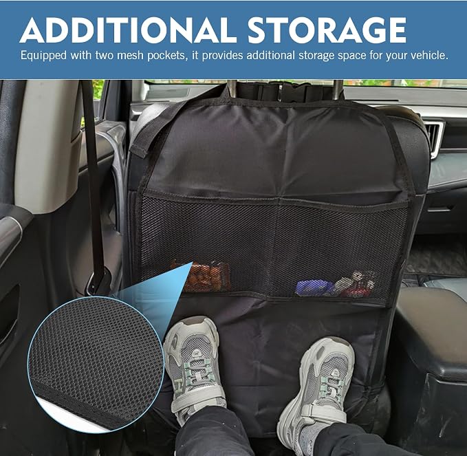 2PCS Kick Mat Back Seat Protector, Seat Back Kick Mat Organizer for Kids with 2 Pocket Storage Organizer, Waterproof Car Backseat Protective Covers for Car, SUV, Minivan or Truck (Black)