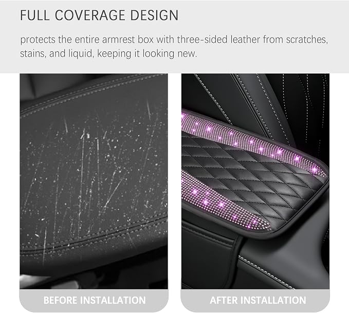 Bling Rhinestones Center Console Covers for Cars,Upgraded Arm Rest Cover for Car with Side Storage Pocket for Car Seat Organizer,Middle Console Cover Stylish Car Decoration (Bling Purple)