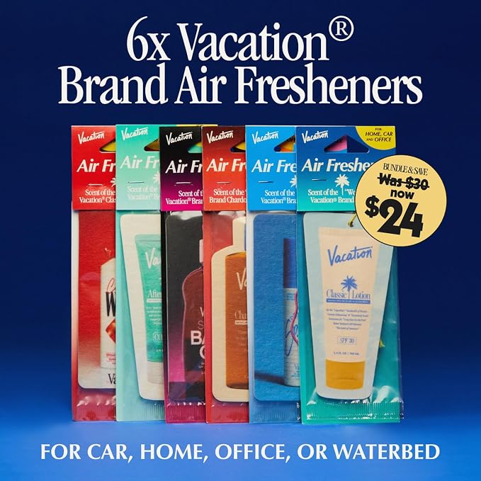 Car Air Freshener Variety Pack, 6 Scents, Pack of 6 - Hanging Air Freshener for Car, Home and Office - Classic Lotion, After Sun, Super Spritz, Baby Oil, Chardonnay and Whip Scents