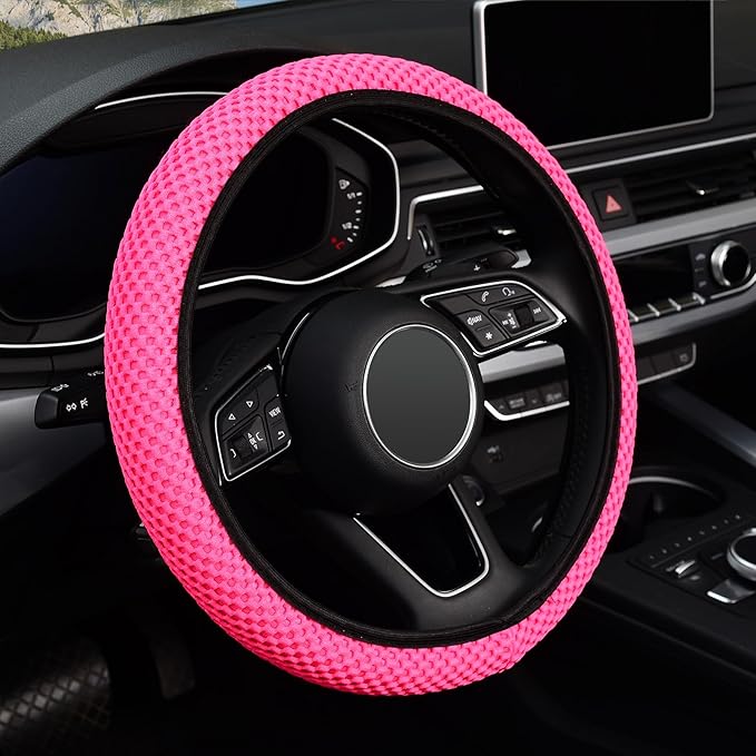 Elastic Stretch Steering Wheel Cover 15 Inch, Breathable Ice Silk Microfiber, Non-Slip Grip, Warm in Winter and Cool in Summer, Odorless, Car Accessories Fit Cars, SUVs, Rose Red