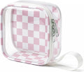 Preppy Clear Makeup Bag Travel Cosmetic Case Transparent Pink and Beige Checkered Toiletry Bag with Zipper,Portable Make Up Organizer Traveling Compact Pink Car Essentials for Girls