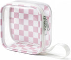 Preppy Clear Makeup Bag Travel Cosmetic Case Transparent Pink and Beige Checkered Toiletry Bag with Zipper,Portable Make Up Organizer Traveling Compact Pink Car Essentials for Girls