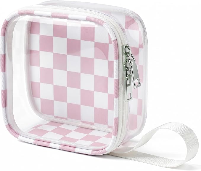 Preppy Clear Makeup Bag Travel Cosmetic Case Transparent Pink and Beige Checkered Toiletry Bag with Zipper,Portable Make Up Organizer Traveling Compact Pink Car Essentials for Girls