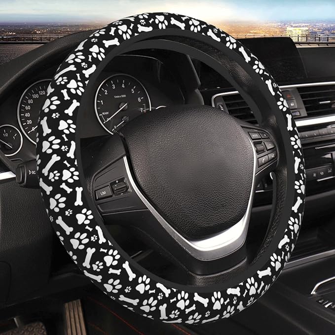 Paw Bones Steering Wheel Cover Car Elastic Steering Wheel Protector | Black White Dog Anti-Slip Breathable Car Accessories Interior for Women Men Universal 15 Inch Fit Auto SUVs Truck
