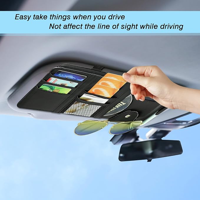 Car Sun Visor Organizer, Leather Pocket Organizer Sunglass Holder for Car Interior Accessories with Multi-Pocket Net Zipper (2 Pack Black)