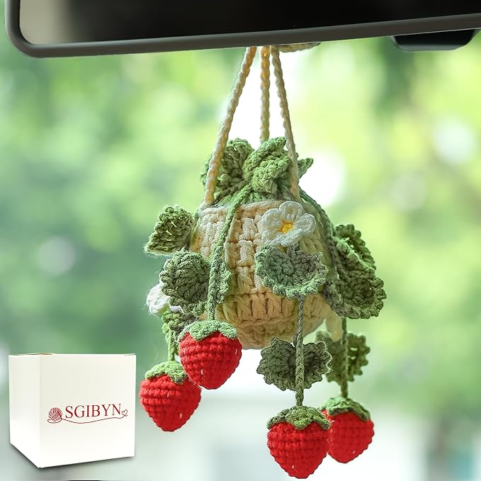 Crochet Hanging Plant for Car,Car Decorations Interior,Plant Strawberry Aesthetic Car Accessories for Women Interior Cute,Car Ornaments Charms for Rear View Mirror,Boho Car Decoration Gifts