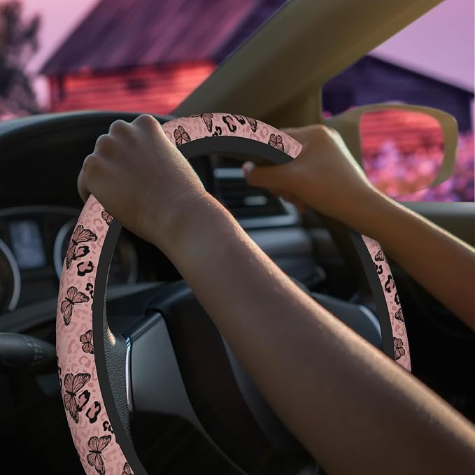 Pink Butterfly Leopard Print Steering Wheel Cover for Women Men Neoprene Breathable Wheel Cover Protector Anti-Slip Car Accessories Universal 15 Inch Fit for Cars Trucks Vehicles