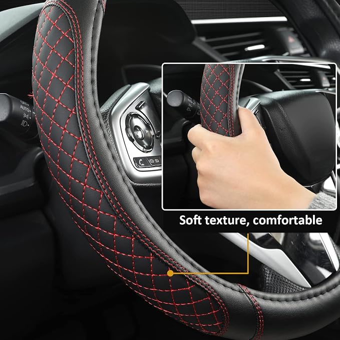 Customized Auto Car Steering Wheel Cover for Dodge RAM 1500 2500 3500, 15.5-16 inch (Diamond Quilted-Black+Red-Large Size)