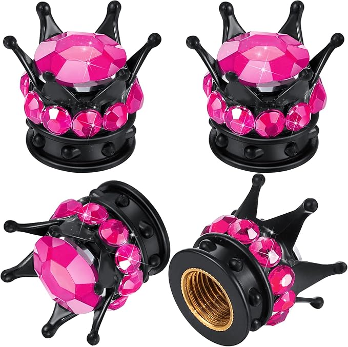 4 Pieces Crown Tire Valve Stem Caps Bling Handmade Crystal Rhinestone Universal Chrome Crown Vehicle Car Tire Caps Covers, Attractive Accessories for Car (Rose Red)
