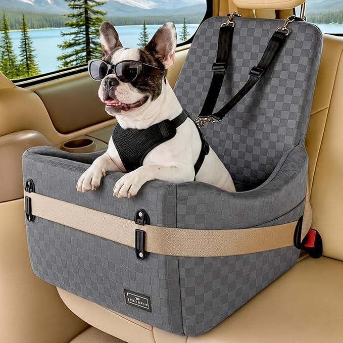 Dog Car Seat for Small/Medium Dogs Up to 35 lbs – Patented Safety System, 5" Memory Foam Pet Booster Car Seat, Fully Detachable and Washable Dog Carseat with 2 Storage Pockets (Grey)