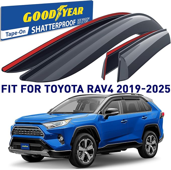 Goodyear Shatterproof Side Window Deflectors for Toyota RAV4 2019-2025, Tape-on Rain Guards, Window Visors for Cars, Vent Deflector, Vent Visor, Car Accessories, 4 pcs. - GY008708