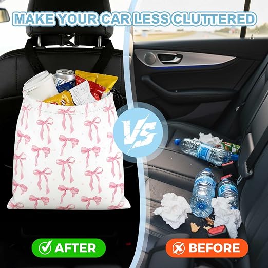 Pink Bow Car Trash Bag - Waterproof Car Trash Bag Hanging Leakproof Car Garbage Bag - Washable Reusable Trash Bag for Car Interior Hanging Organizer Storage Vehicle Travelling Camping