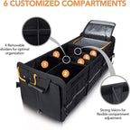 Large Trunk Organizer With Built-in Leakproof Cooler Bag, 2 Tie-Down Straps, 4 Removable Dividers, Foldable Cover, Built with 2mm PE Board