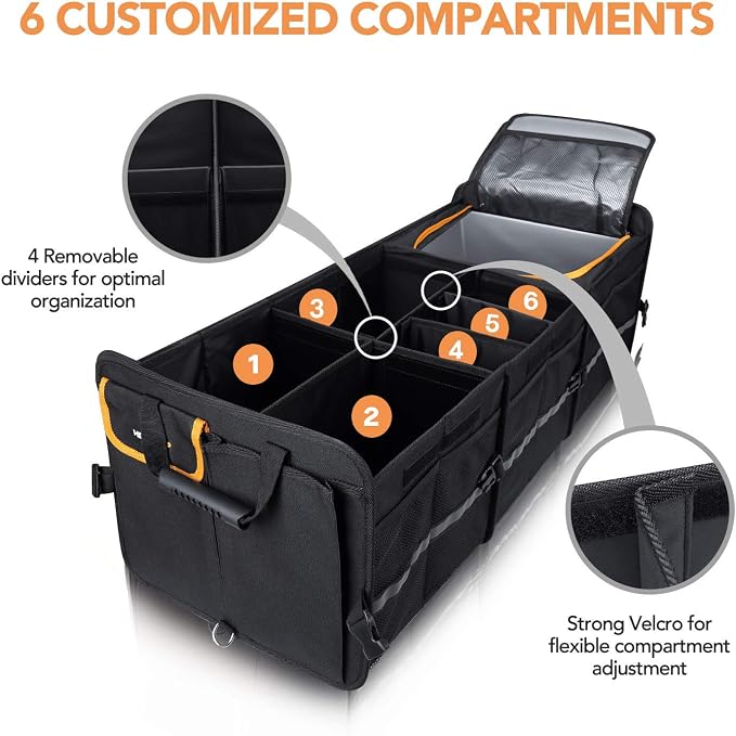 Large Trunk Organizer With Built-in Leakproof Cooler Bag, 2 Tie-Down Straps, 4 Removable Dividers, Foldable Cover, Built with 2mm PE Board