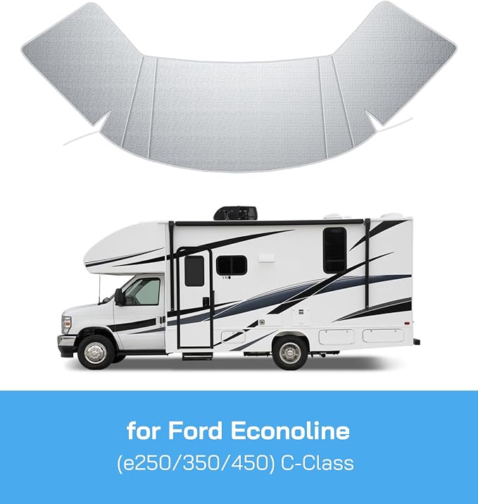 RV Windshield Cover for Ford E450,E350,E250,Econoline,Club Wagon 1997-2026 Motorhome,Thick Oxford Front Window Sunshade Cover, Class C RV Windshield Shade for Ice & Snow,with Mirror Cutouts