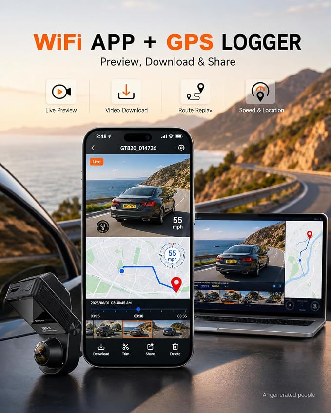 360° Dash Cam Front and Inside 4K+2.5K, 2 Channel Dashcam for Car, 185° Cabin Fisheye Car Camera with Night Vision, WiFi APP, GPS, G-Sensor, Parking Mode and 64GB Card Included
