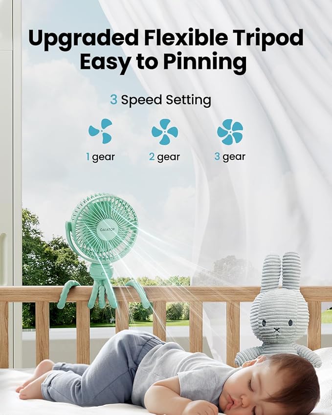 Mini Portable Stroller Fan, Battery Operated Small Clip on, Detachable 3 Speed Rechargeable, 360° Rotate Flexible Tripod Better Cooling for Car Seat Crib Treadmill Travel Green