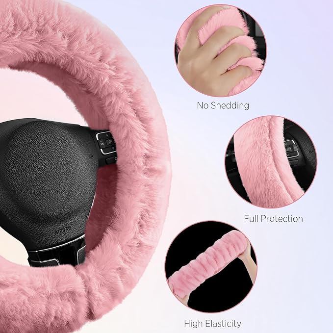 Steering Wheel Cover, Fluffy Car Wheel Covers for Women/Girls/Ladies，Soft Wool Fur Steering Wheel Protector, Universal 14 1/2 inches to 15 inches - Pink