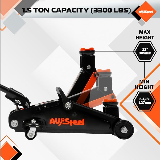Floor Jack 1.5 Ton (3300 lbs), Hydraulic Trolley Jack with Solid Storage Case, Hydraulic Jack for Car with Single Piston Pump, Portable Car Floor Jack with Lifting Range 5-1/8'' to 12''