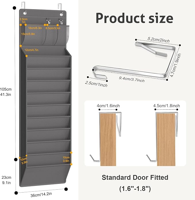Over the Door File Organizer, Wall Hanging File Folders with 10 Large Pockets for Mails, Magazines, Back to School Supplies, Office Pocket Chart, Paper Organization (Gray)