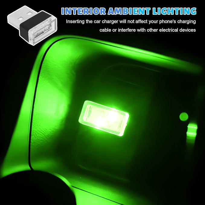 4 PCS USB LED Car Atmosphere Lamp, Mini Night LED Vehicle Trunk Ambient Lighting Kit, Portable Plug-in USB Interface Vehicle Decor Atmosphere Lamp, Interior Car Accessories (Green)